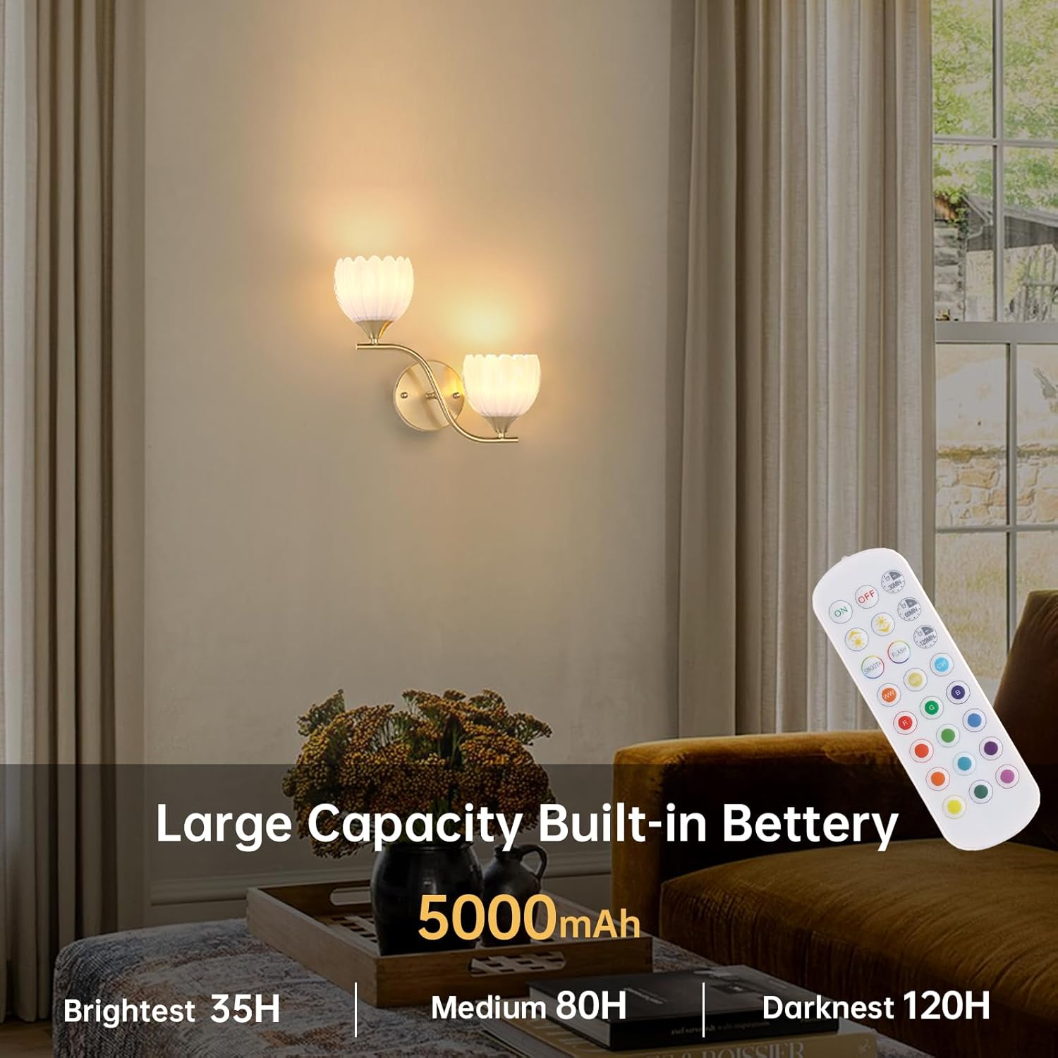 Battery Operated Wall Sconce, 2-Lights Vinatge Brass Wall Lighting with White Tluip Shade Rechargeable Bulb with Remote for Living Room, Bedroom White 1 pack