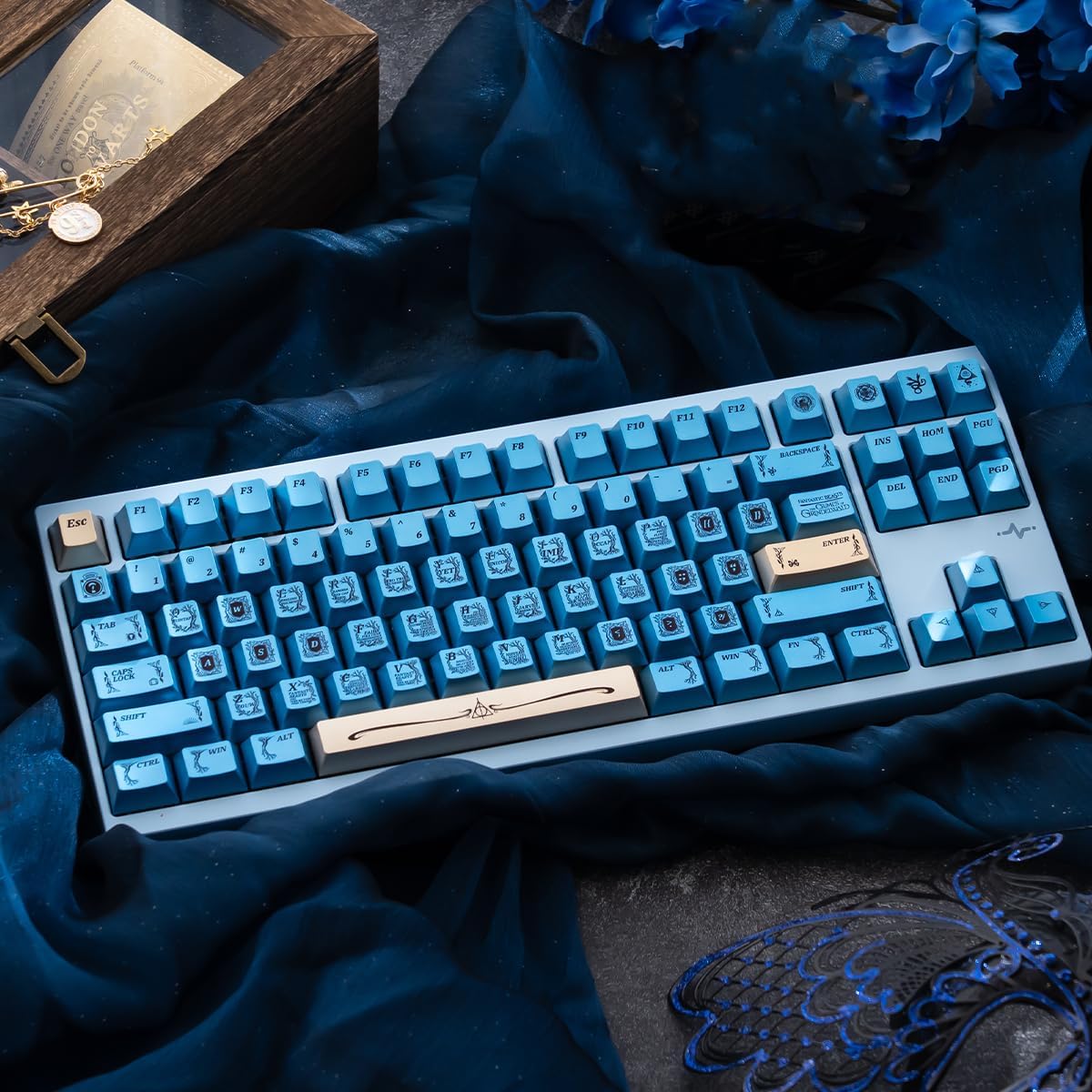 Metal Paint PBT Keycaps, 129 Keys Cool Blue Cherry Profile Keycaps Set