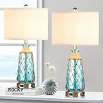 Ruzectt Coastal Glass Table Lamps, 3-Way Dimmable Touch Control Bedside Lamps with 2 USB Ports and AC Outlet, Teal Nautical Nightstand Lamps for Bedroom Living Room (LED Bulbs Included)