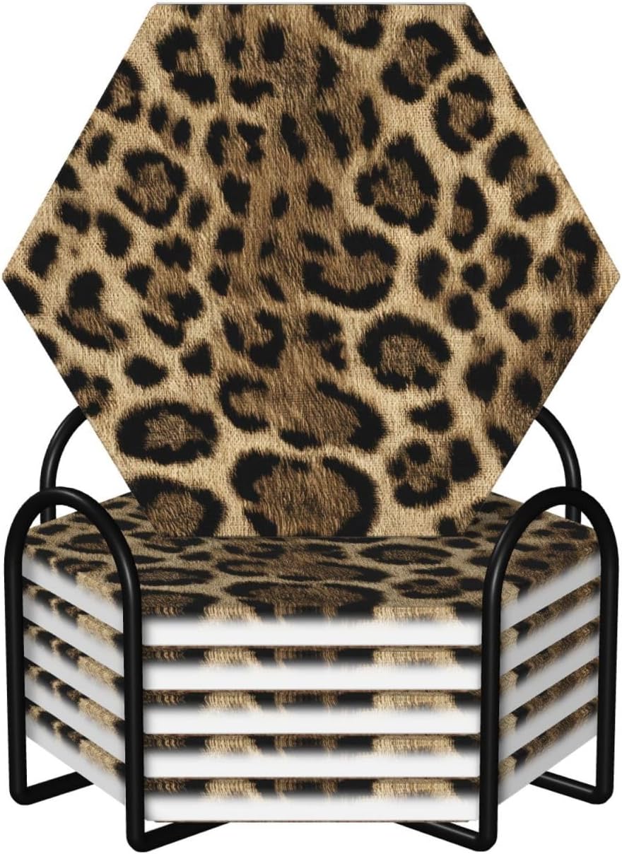 (Brown Leopard Print) Ceramic Coasters Set of 6 with Holder Non-Slip Hexagon Coffee Coasters for for Cup Mug Drink Patio Coffee Table Decor, Christmas Coasters Home Bar Supplies