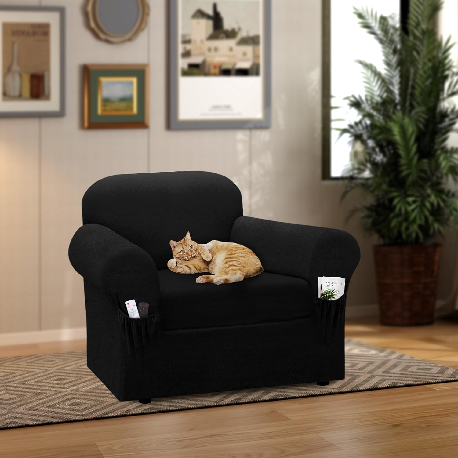 Chair Slipcover with Armrest Pockets 2-Piece Set, Stretch Faux Leather Chair Cover for Armchairs(Fits 31-45") - Non-Slip, Machine Washable, Pet & Kid Friendly - Black