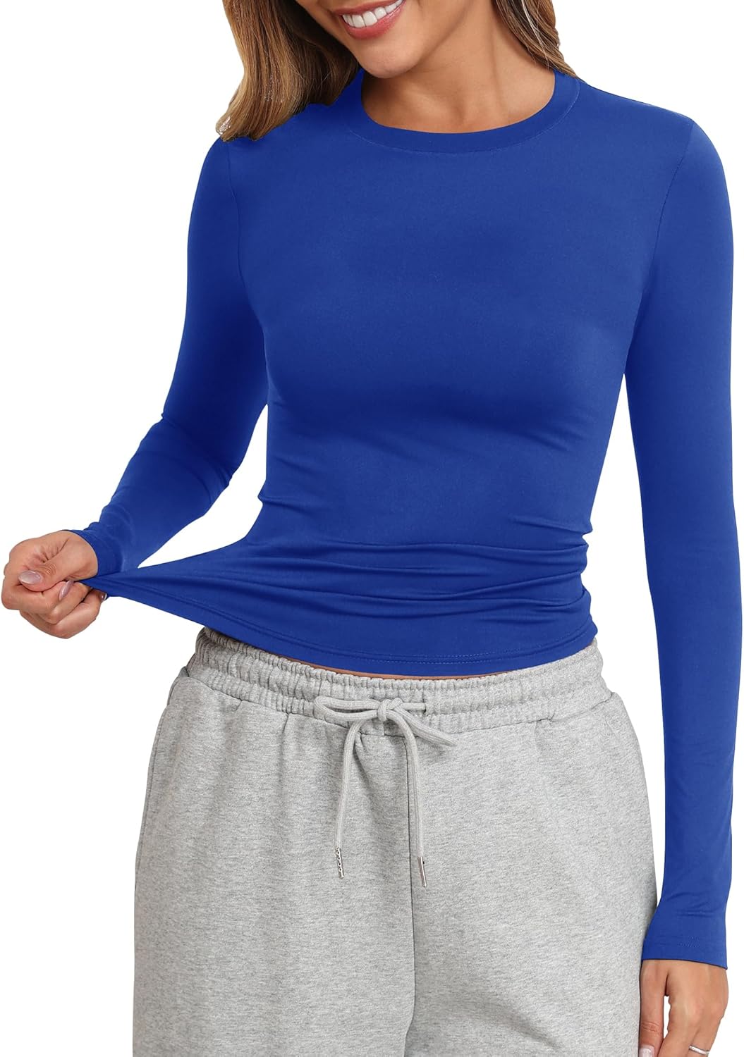 PALINDA Fitted Long Sleeve Shirts for Women Crew Neck Basic Stretchy T-Shirts Casual Layering Tee Shirt Crop Tops