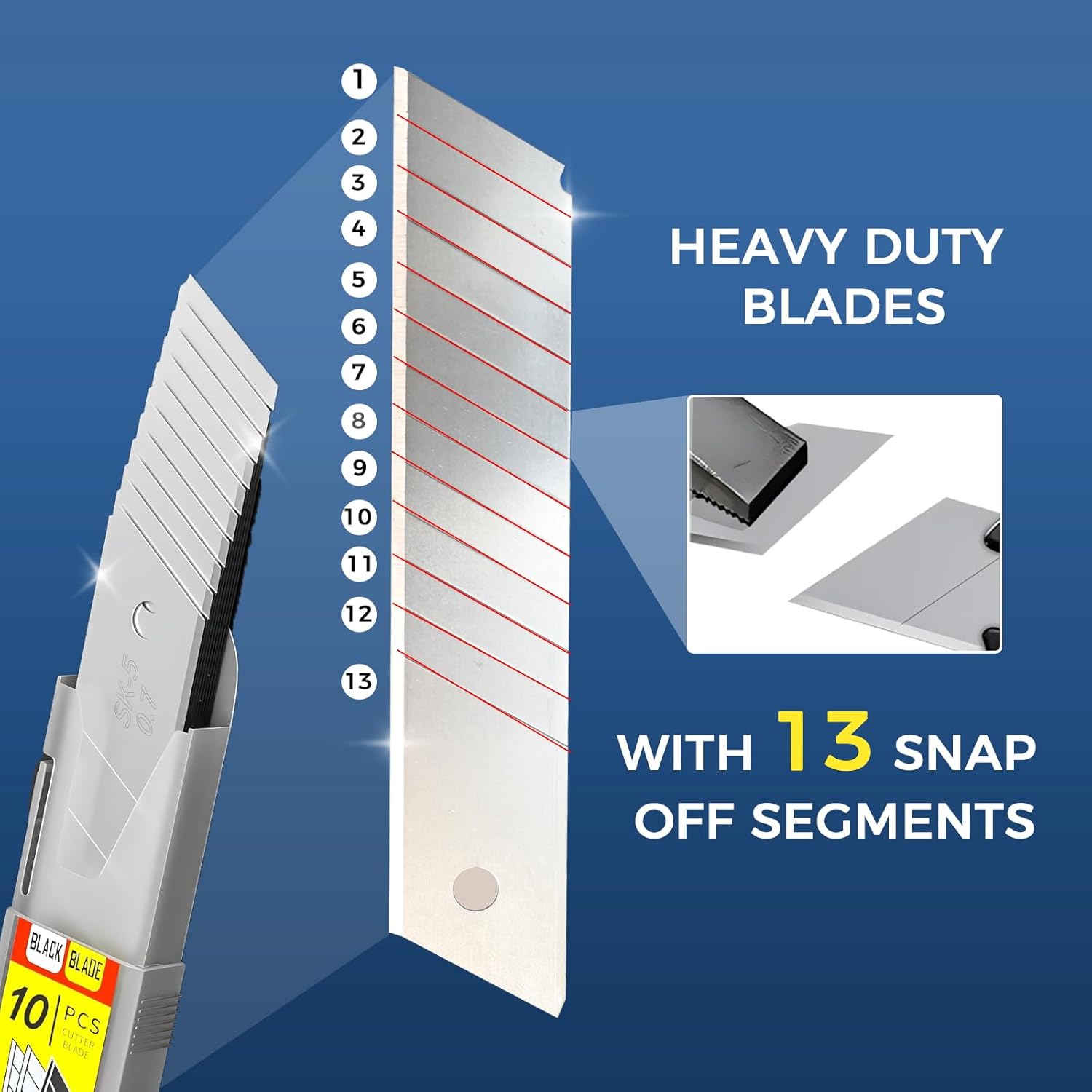 25mm Utility Knife Blades, SK5 Steel Snap Off Blades with 13 Segments, Replacement Box Cutter Blades for Heavy Duty Cutting, Compatible with Standard Utility Knives