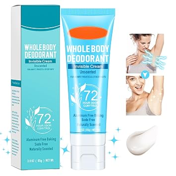 Whole Body Deodorant for Women & Men - 72 Hour Odor Control, Invisible Cream, Aluminum Free, All Day Protection, 3.0 Oz Unscented