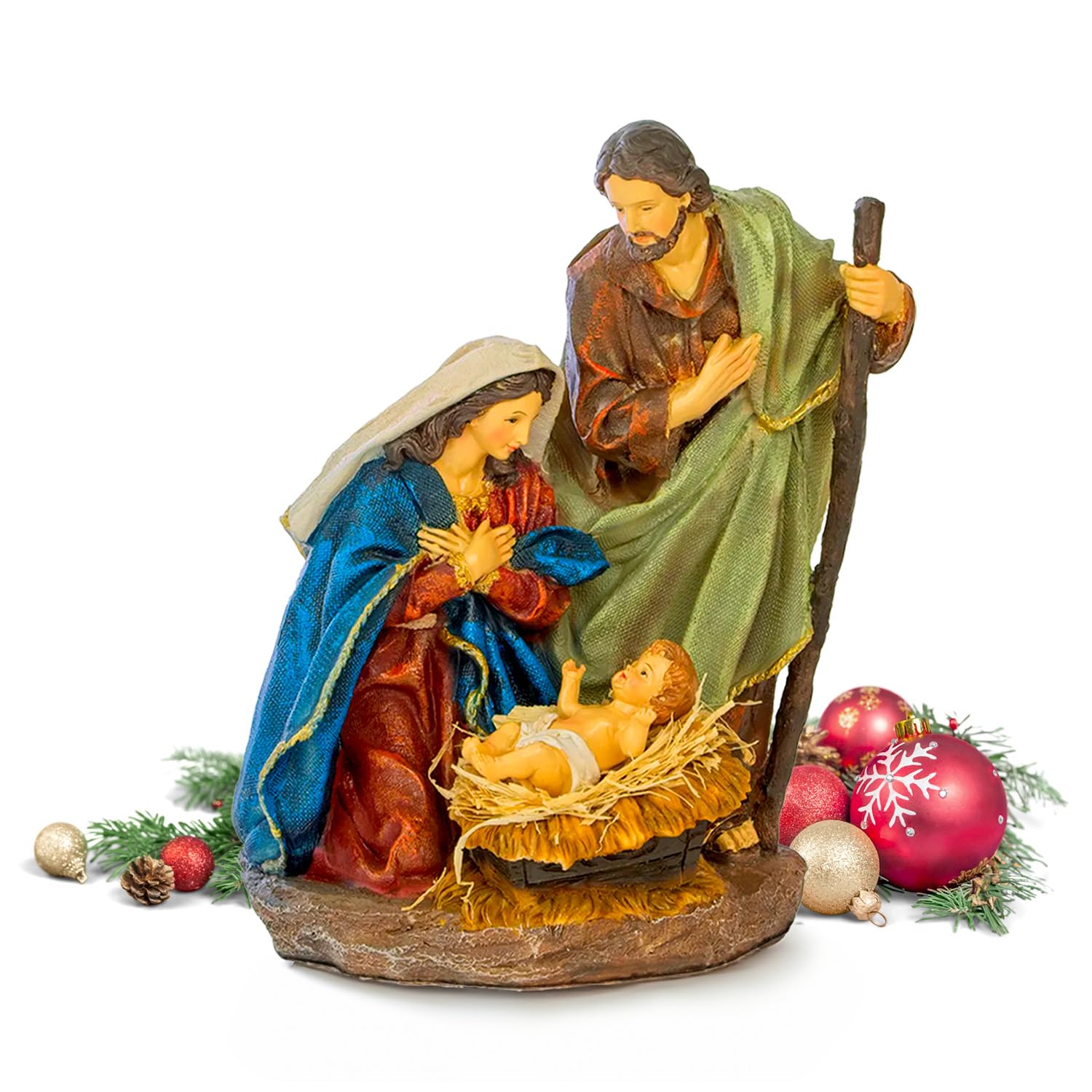 Avilia Figurines Nativité en résine résistante 24,5 x 29,5 cm – Personnages de crèche artisanaux avec Sainte Famille idéale pour décorer Votre crèche ou cabane de Noël – Également idéal comme idée