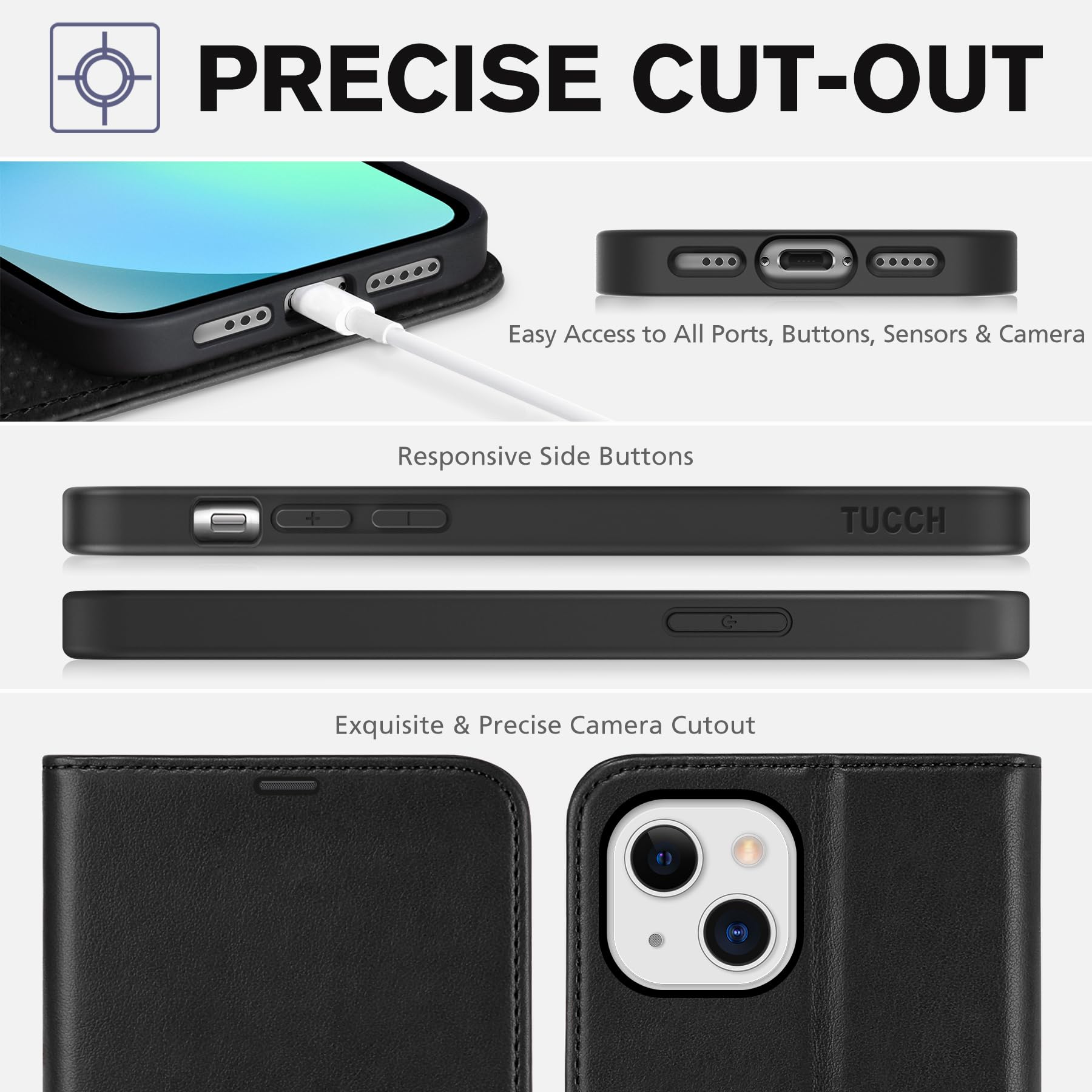 TUCCH Cover per iPhone 13 5G Custodia Magnetica Flip con Chiusura Protezione Resistente Pelle Sintetica Blocco RFID Portafoglio Tasca Carte Portacellulare Compatibile iPhone 13 (6,1" 2021), Nero