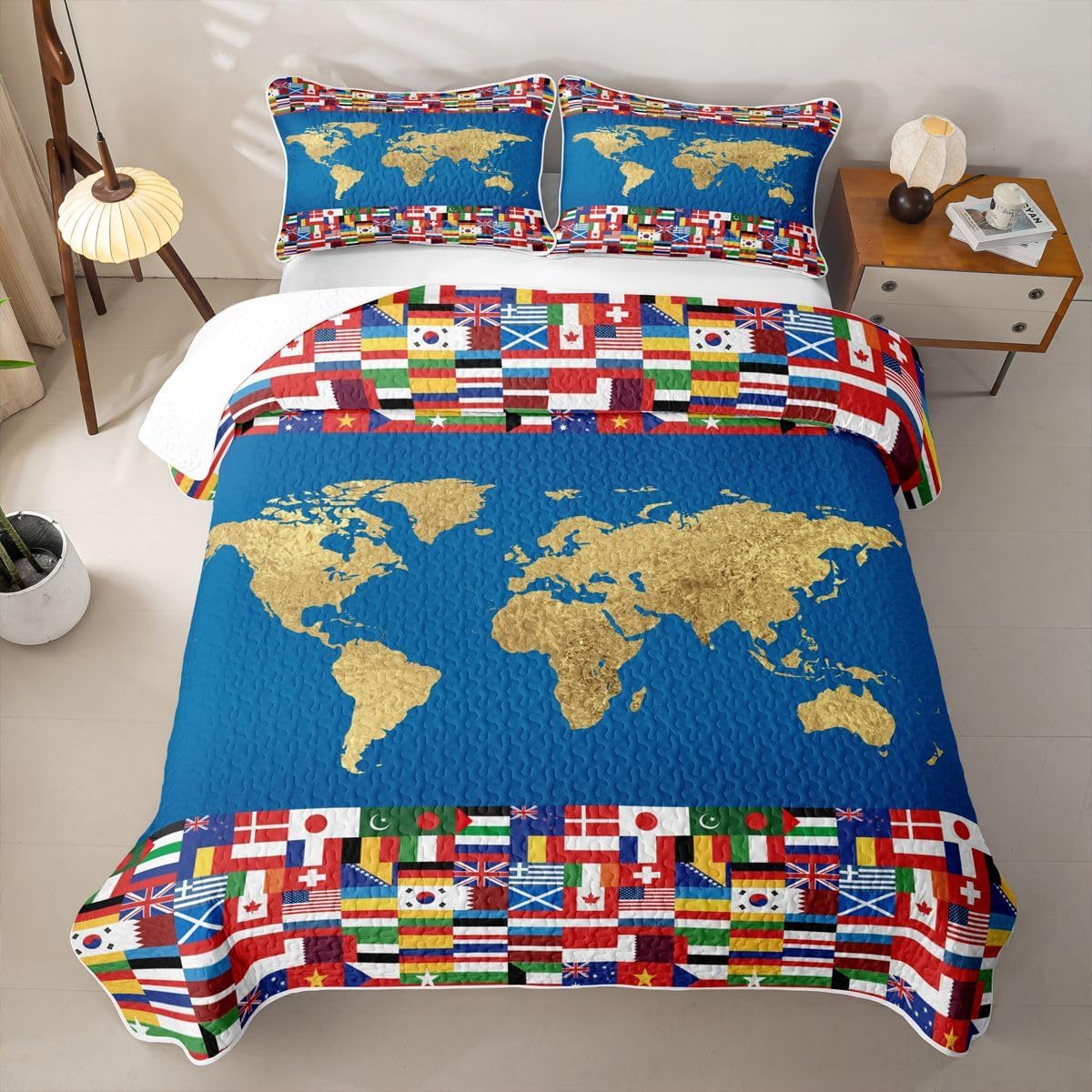 jejeloiu World Flags Quilt Set 3 Pieces Full Size Sports Theme Quilted Bedding for All Season Blue Kids Boys Girls Bedspread Flags Coverlet Set with 2 Pillowcases