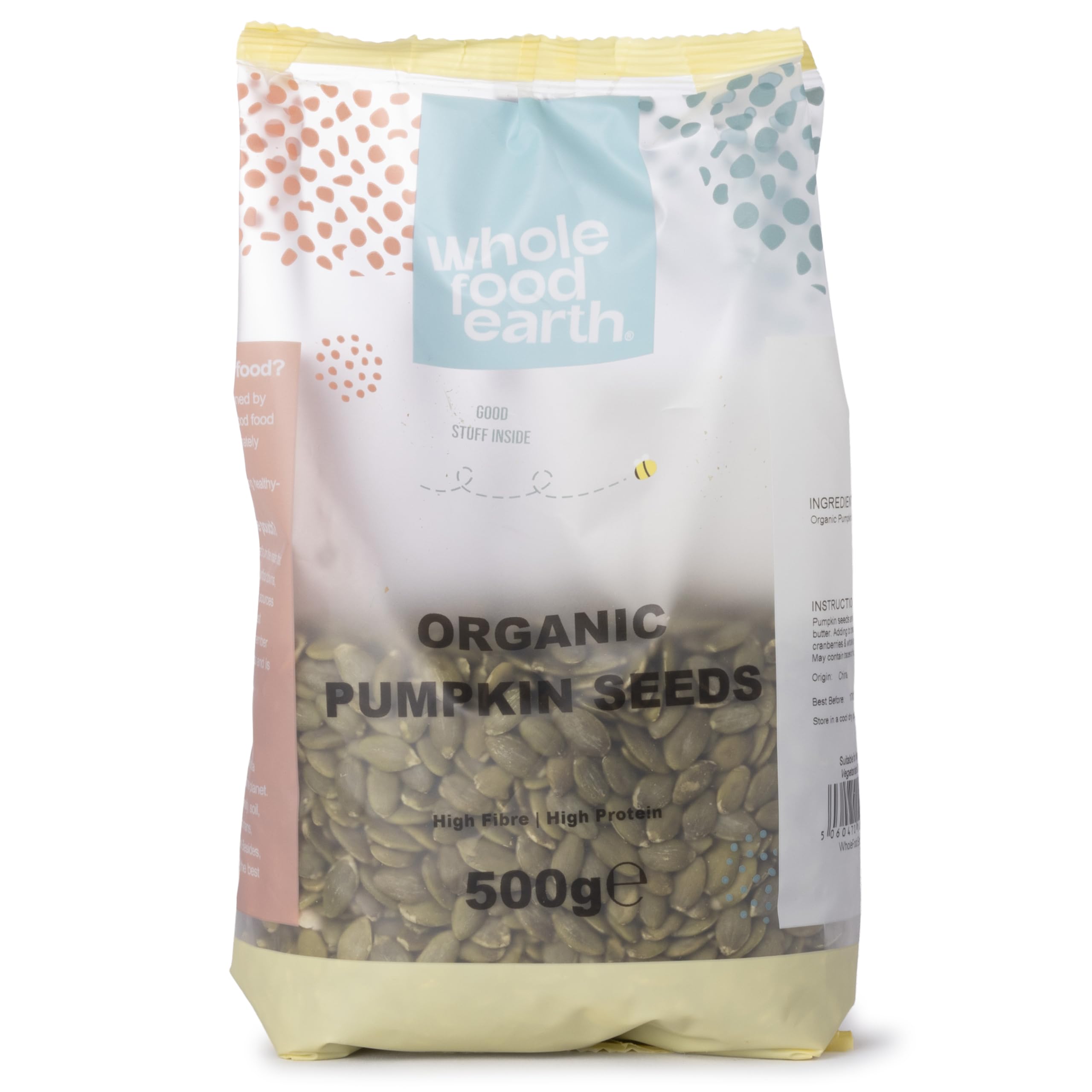 Wholefood Earth Organic Pumpkin Seeds 500g Raw | GMO Free | Vegan | High Fibre | High Protein | Certified Organic