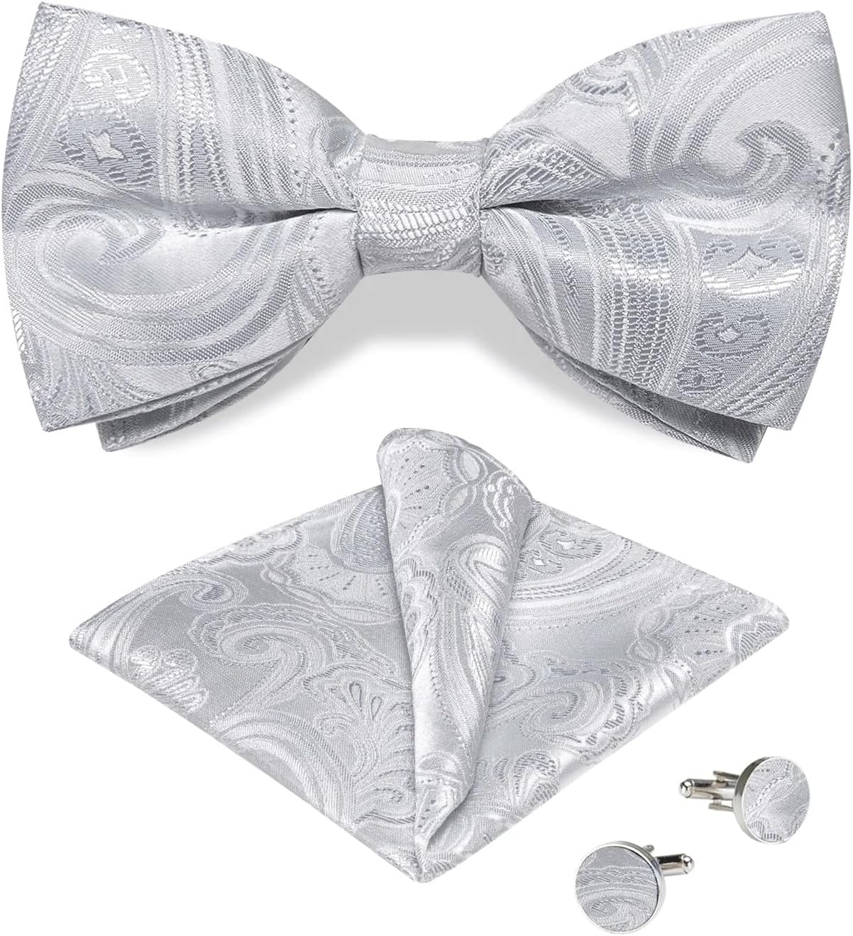 Formal Dress Bow Tie Self Paisley Wedding Bowtie Handkerchief Cufflinks Set for Suit