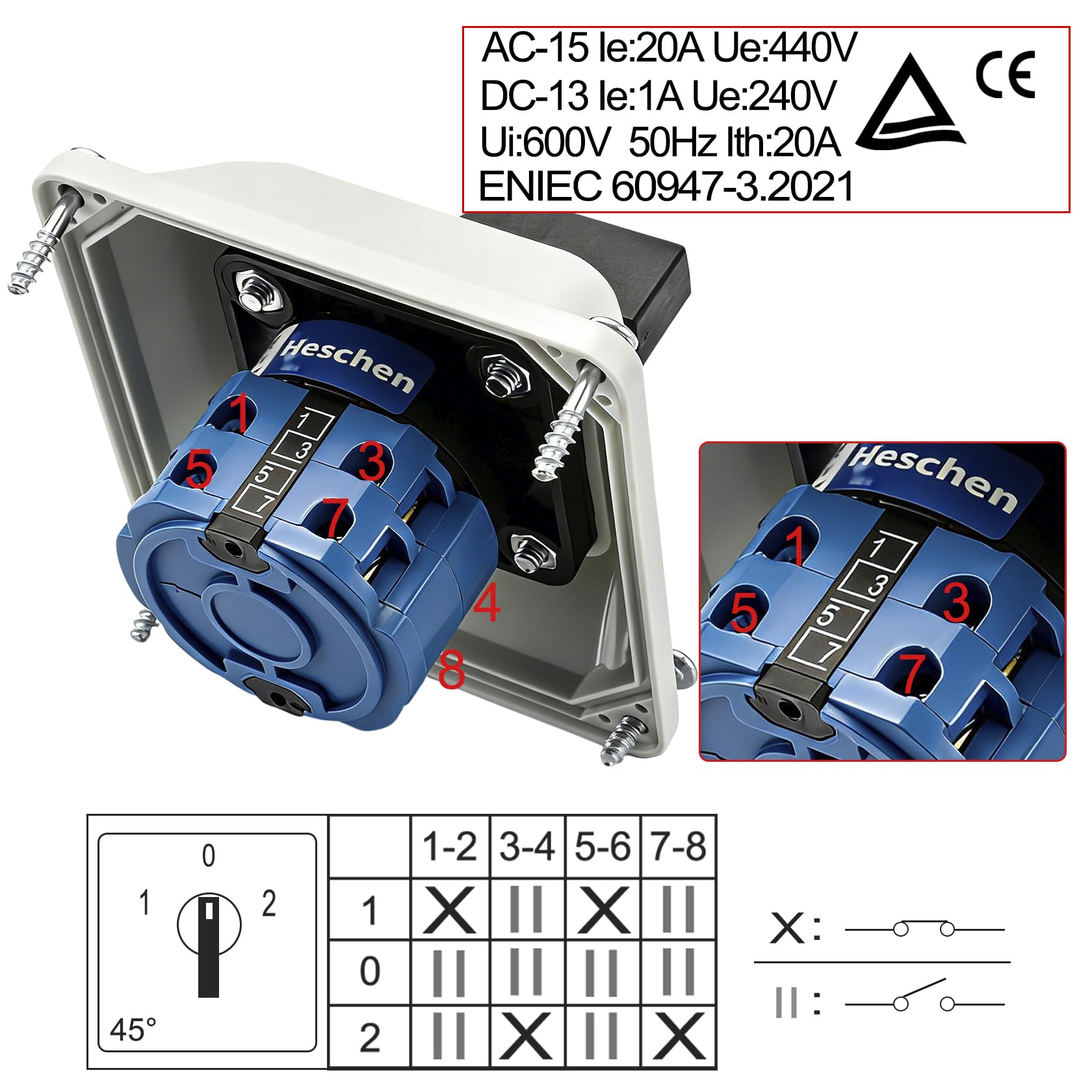 Drehwechselschalter SZW26-20/D404.4D – 660V, 20A, 3 Positionen ON-OFF-ON, 2-phasig