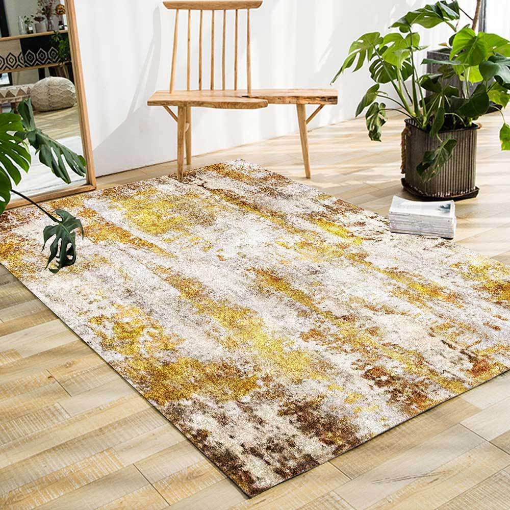 Tapis de chambre doux style rétro abstrait jaune encre pour salon chaleureux
