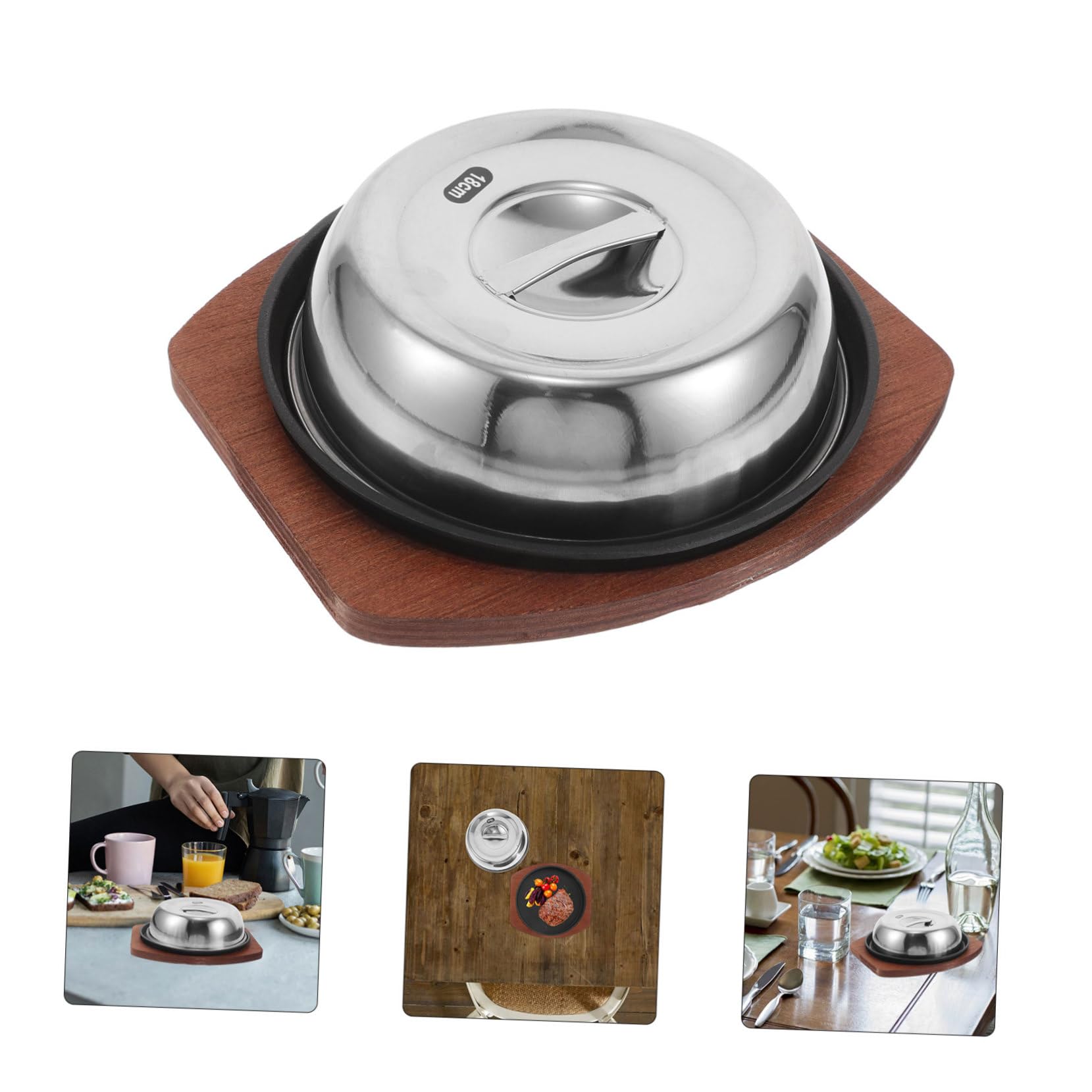 Sartén para Parrilla Redonda 1 Juego de Hierro Fundido con Tapa | Acero Inoxidable y Madera, Acabado Negro, para Pescado y Bistec, Uso Doméstico y Cocina