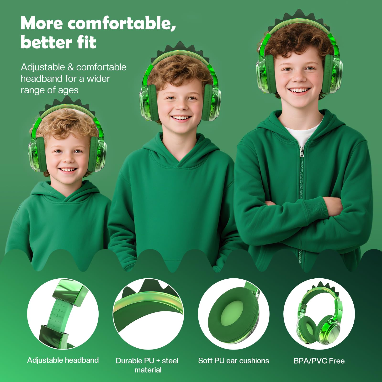JYPS Bluetooth Kopfhörer Kinder, Metallisch Kabellose Kopfhörer Kinder Over Ear mit 74/85dBA Lautstärkebegrenzung, 40 Stunden Spielzeit, ab 3 5 6 7 für iPad/Schule/Tablet (Dinosaurier, Grün)