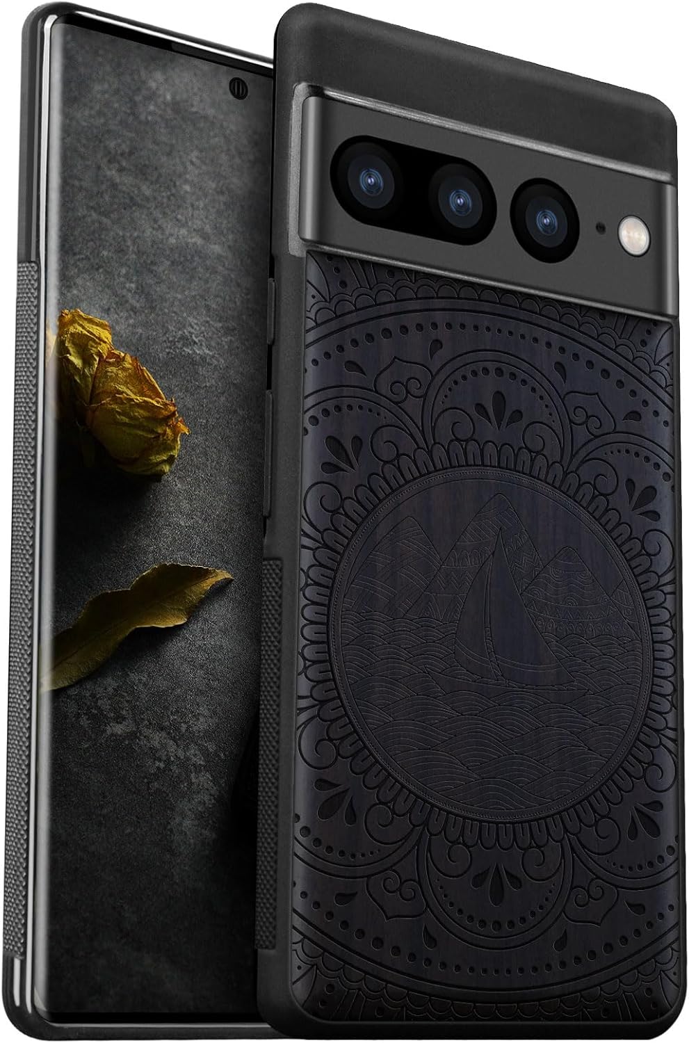 Carveit Wood Case for Pixel 7 Pro Case [Natural Wood & Black Soft TPU] Shockproof Protective Unique Wooden Cover Compatible with Google Pixel 7 Pro (Serenity Mandala-Blackwood)