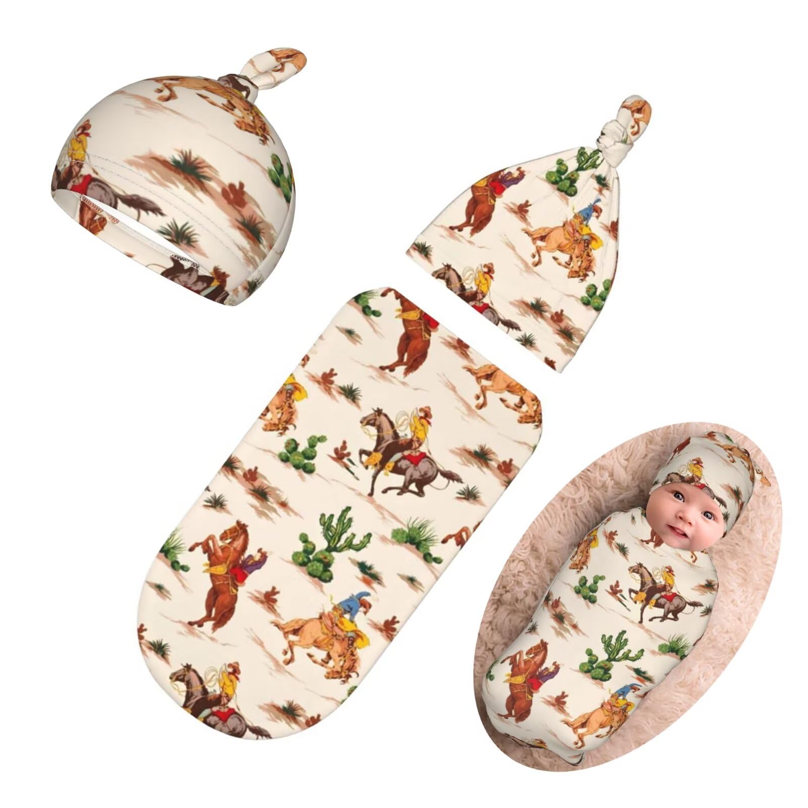 Personality Western Newborn Swaddling Blanket Beanie Hat Funny Blanket Sleeping Bag New Born Sleep Sacks for Boys Girls