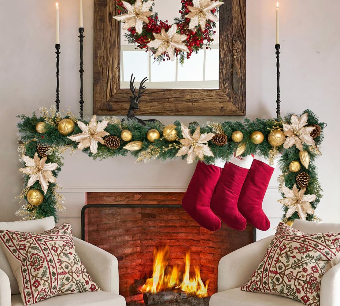 183cm Weihnachtsgirlande mit Dekorative Weihnachtskugeln und Weihnachtsmagnolie, Tannenzapfen Weihnachtsdeko Türkranz für Feste Advent, Hauswandbehang oder Weihnachtsdekoration