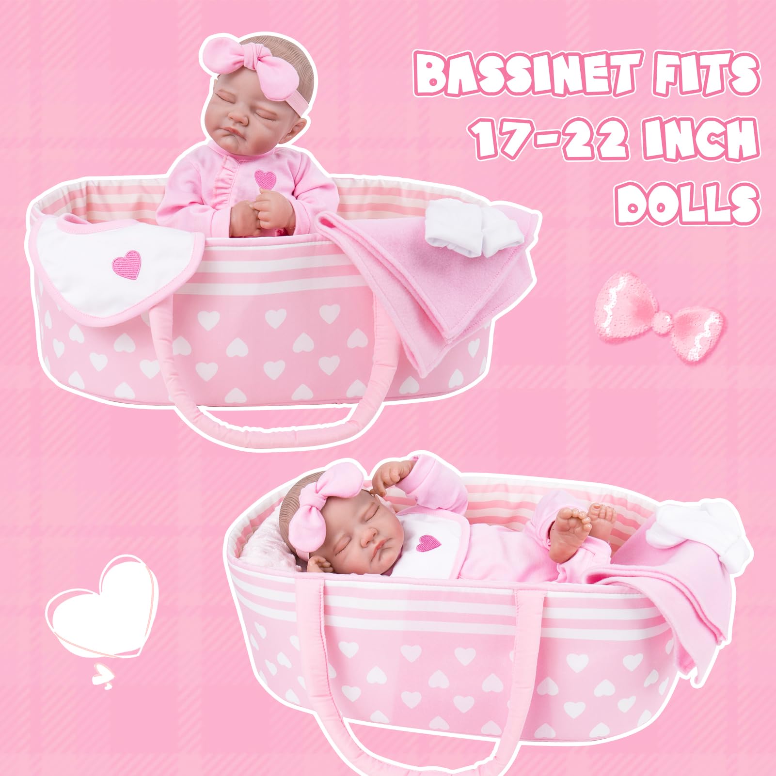 Reborn Baby Dolls Moisés plegable para muñecas de bebé, cama portadora de muñecas suave, accesorios con asa para muñecas de 17 a 22 pulgadas (rosa) 2