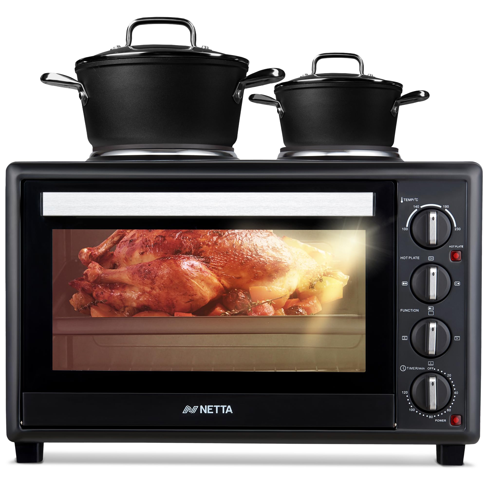 NETTA 45L Mini Oven with Double Hotplate & Electric Grill - Extra Large Portable Table Top Cooker with 120 Minute Timer & 230°C Control - 2850W Countertop Oven with Baking Tray & Rack - Black