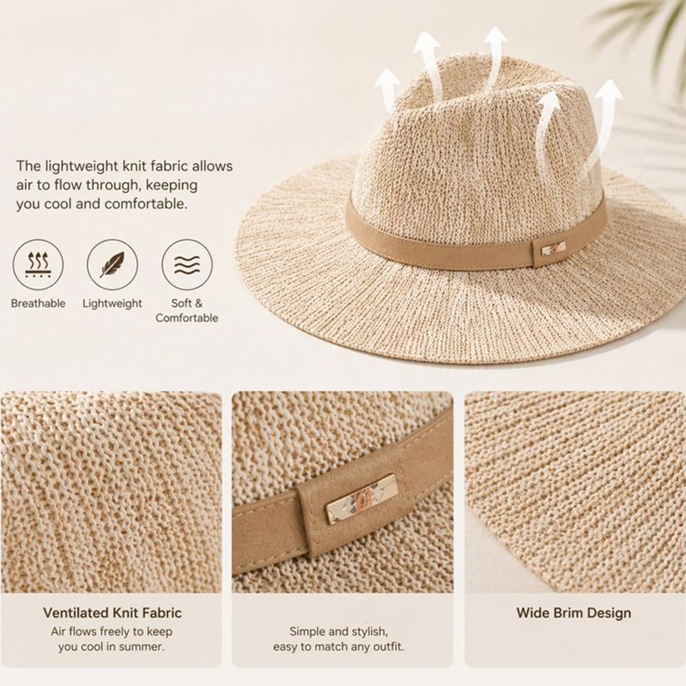Packable Knit Fedora Hat for Women Foldable Sun Hat, Lightweight Breathable Beach Hat Wide Brim Travel Fedora Hat