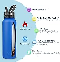 Vista 69 de BJPKPK - Botellas de agua aisladas con tapa de popote, botellas de agua de acero inoxidable de 40 onzas con 3 tapas, termo a prueba de fugas libre