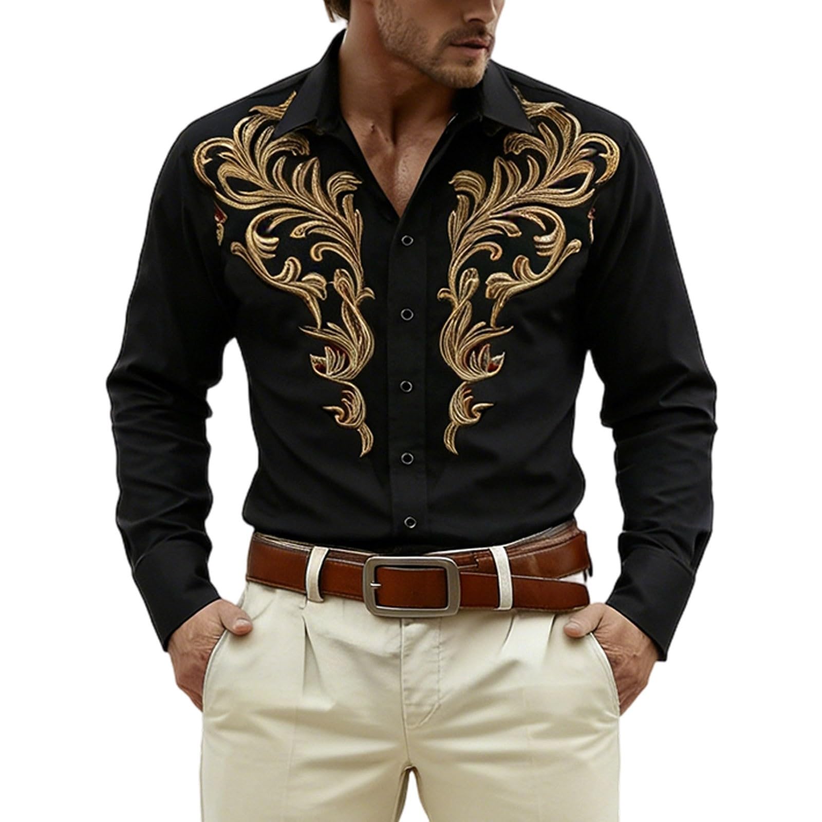 Long Sleeve Shirt with Print for Festive Western and Cowboy Outfits - Medieval Shirt with Buttons for Casual and Parties, black, L