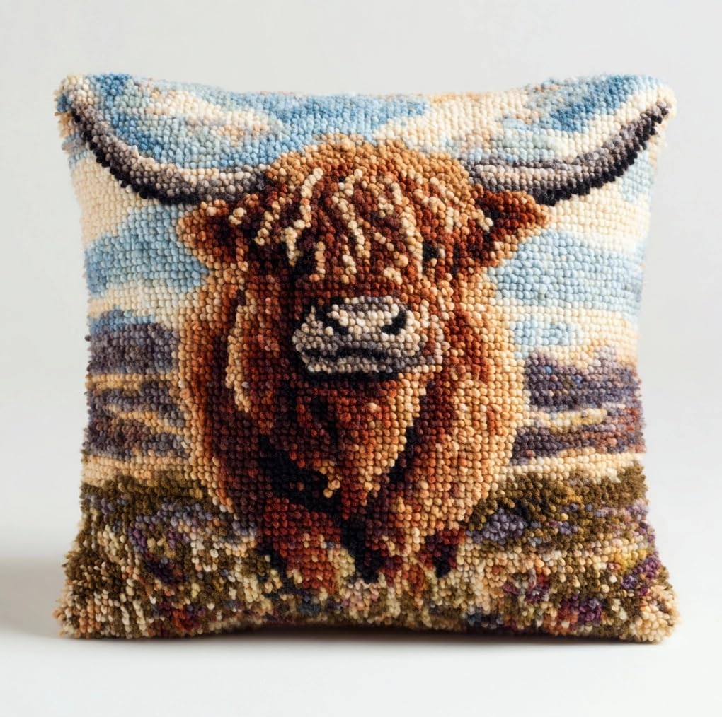 Taxpy Latch Hook Kits Pillow Highland Cattle 17X17Inch DIY Handmade Cushion Crochet Yarn Embroidery Needlework Hook and Latch Kit Pillowcase Rug Cover Home Sofa Christmas Decoration