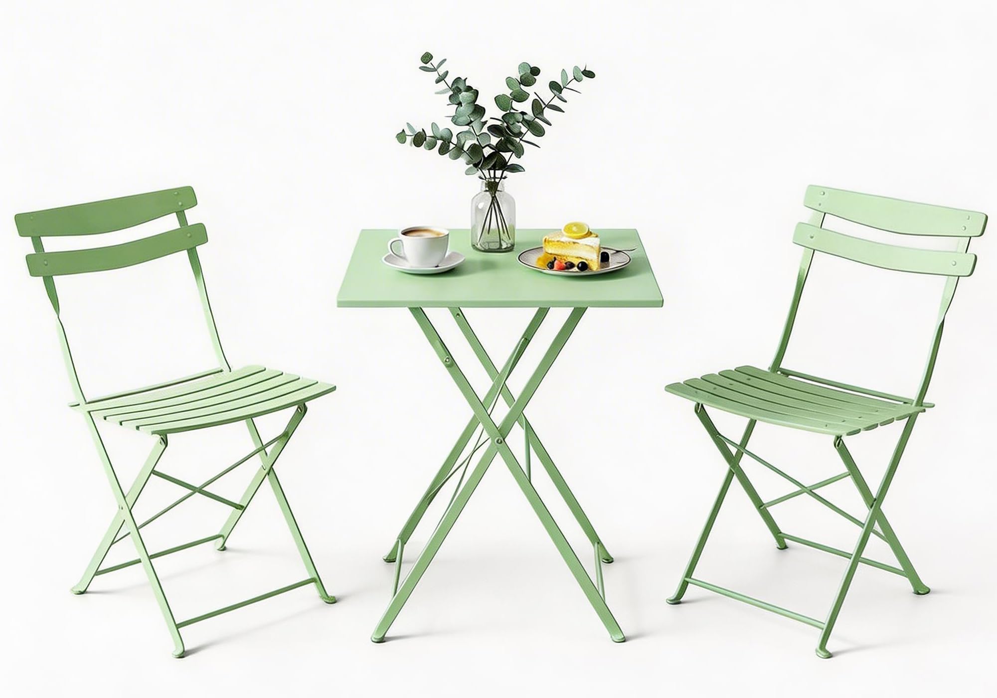 AffinityFurn Folding Patio Furniture Set, 3 Piece Square Bistro Table and Chairs Set,Easy to Storage, Weather Resistant,Outdoor Balcony Table Set for Lawn,Yard, Garden,Green