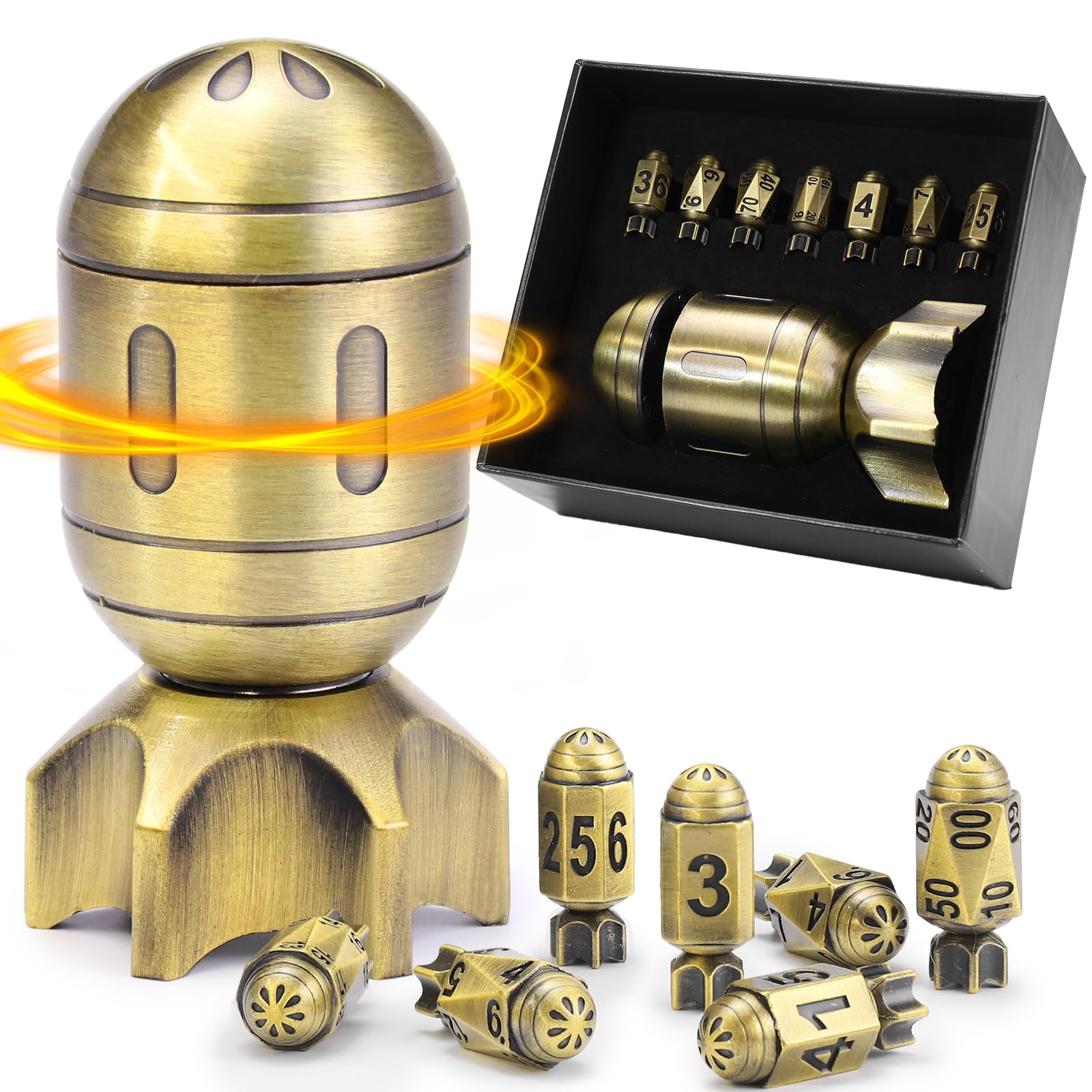 ZHOORQI DND Metal Dice Set with Spinning Missile Dice Container, Bullet Dice Cyberpunk Polyhedral Dice for Warhammer 40K, RPG, D&D Gifts（Bronze）