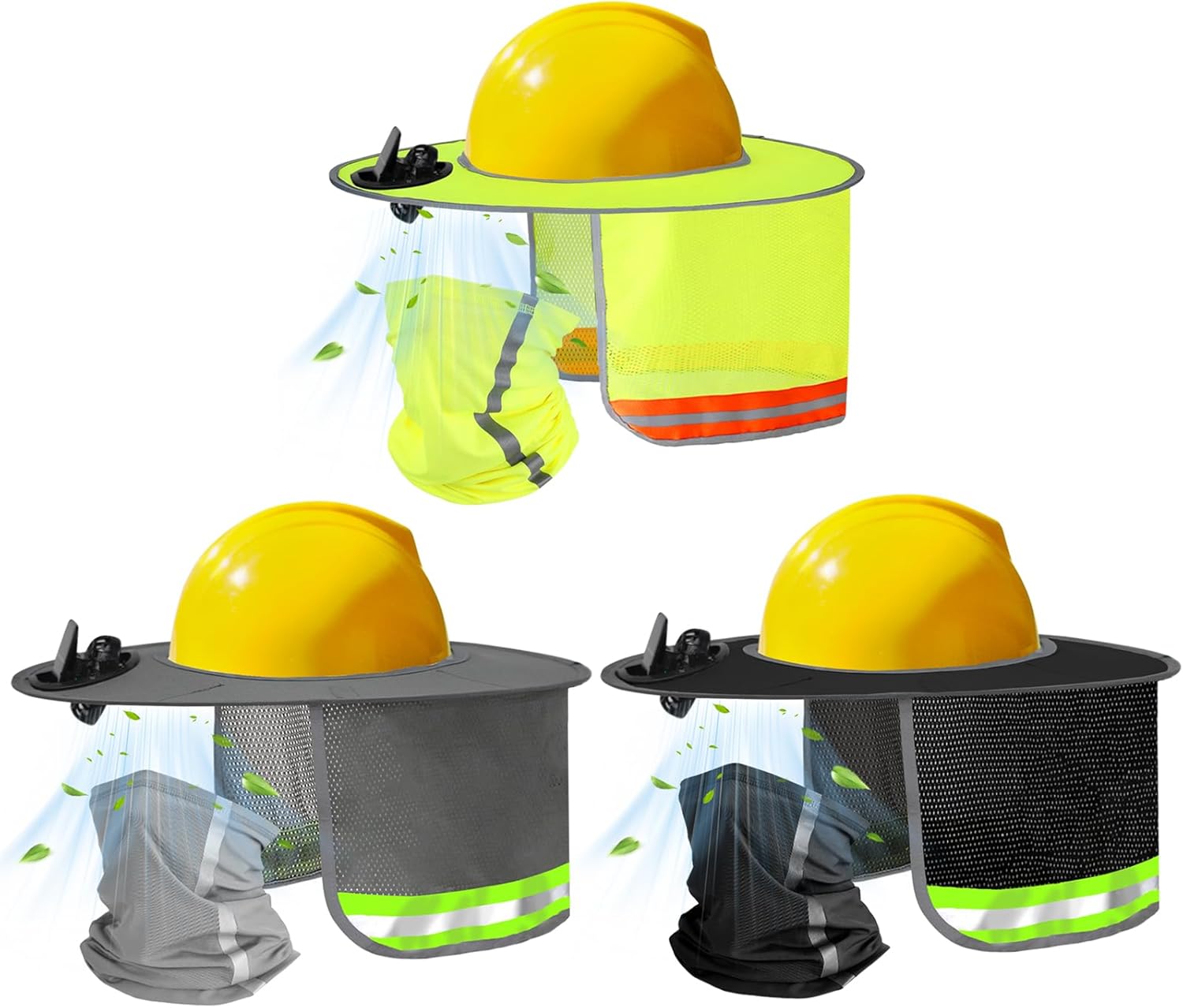 3 Set Solar Fan Hard Hat Sun Shade with Face Shield, Outdoor Fishing Hat Sun Visor for Men Women, Construction Accessories Full Brim Mesh Sunshade with Reflective Strip, Neon Yellow & Gray & Black