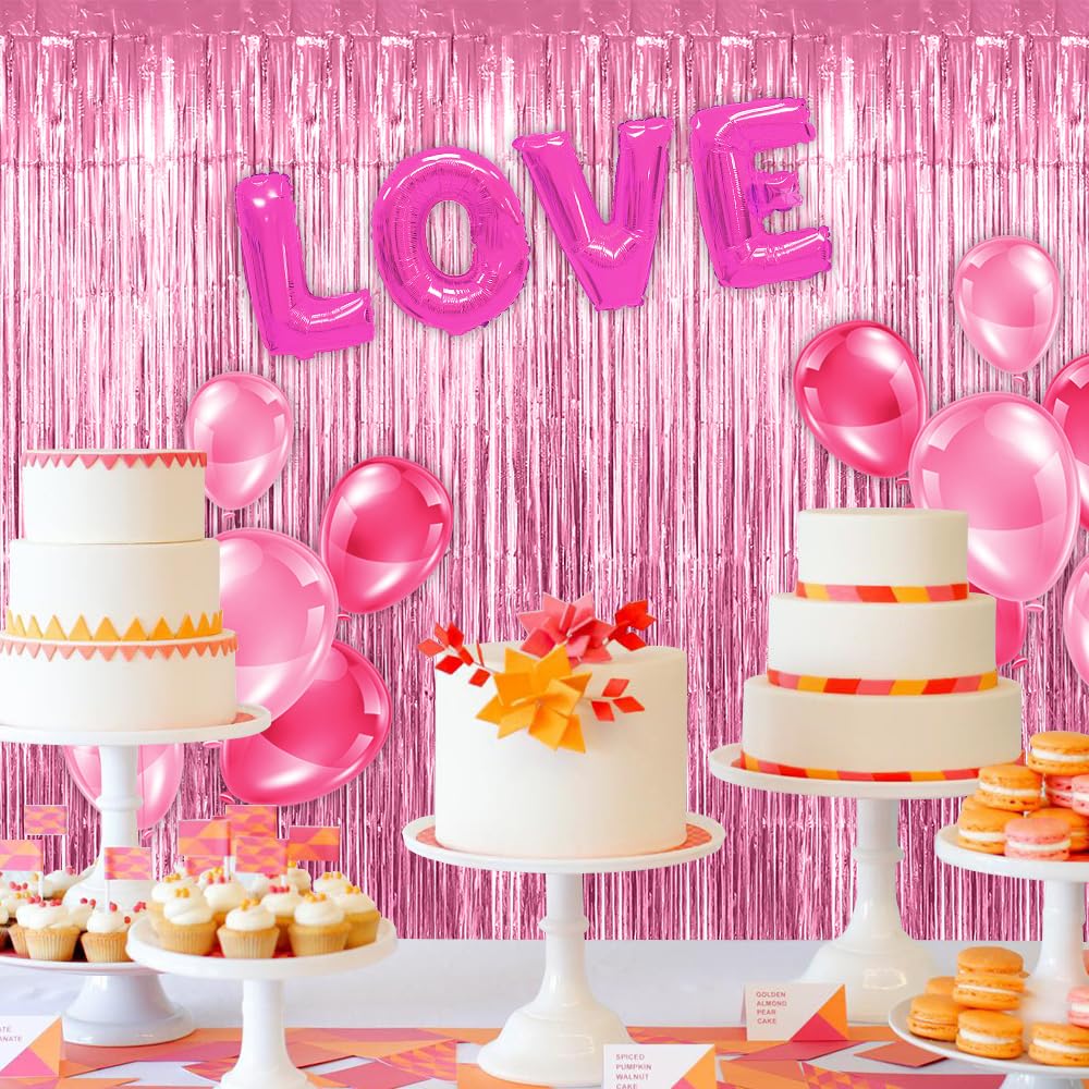 Rideau Frange Aluminium Brillant Pour Fête - 3 Pièces 3.3x9.9ft, Rose, Décoration Anniversaire/Noël/mariage