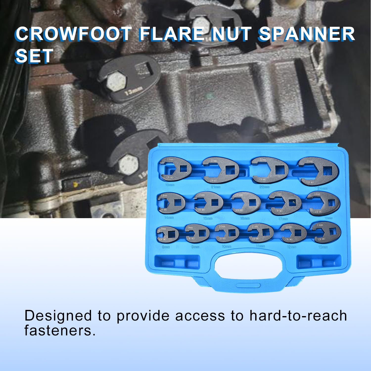 Set Chiavi a Piede di Porco (Crowfoot) 8-24mm Kit Chiavi a Bussola Aperte in Cr-Mo, per Spazi Ristretti, Auto e Moto, 3/8" e 1/2"