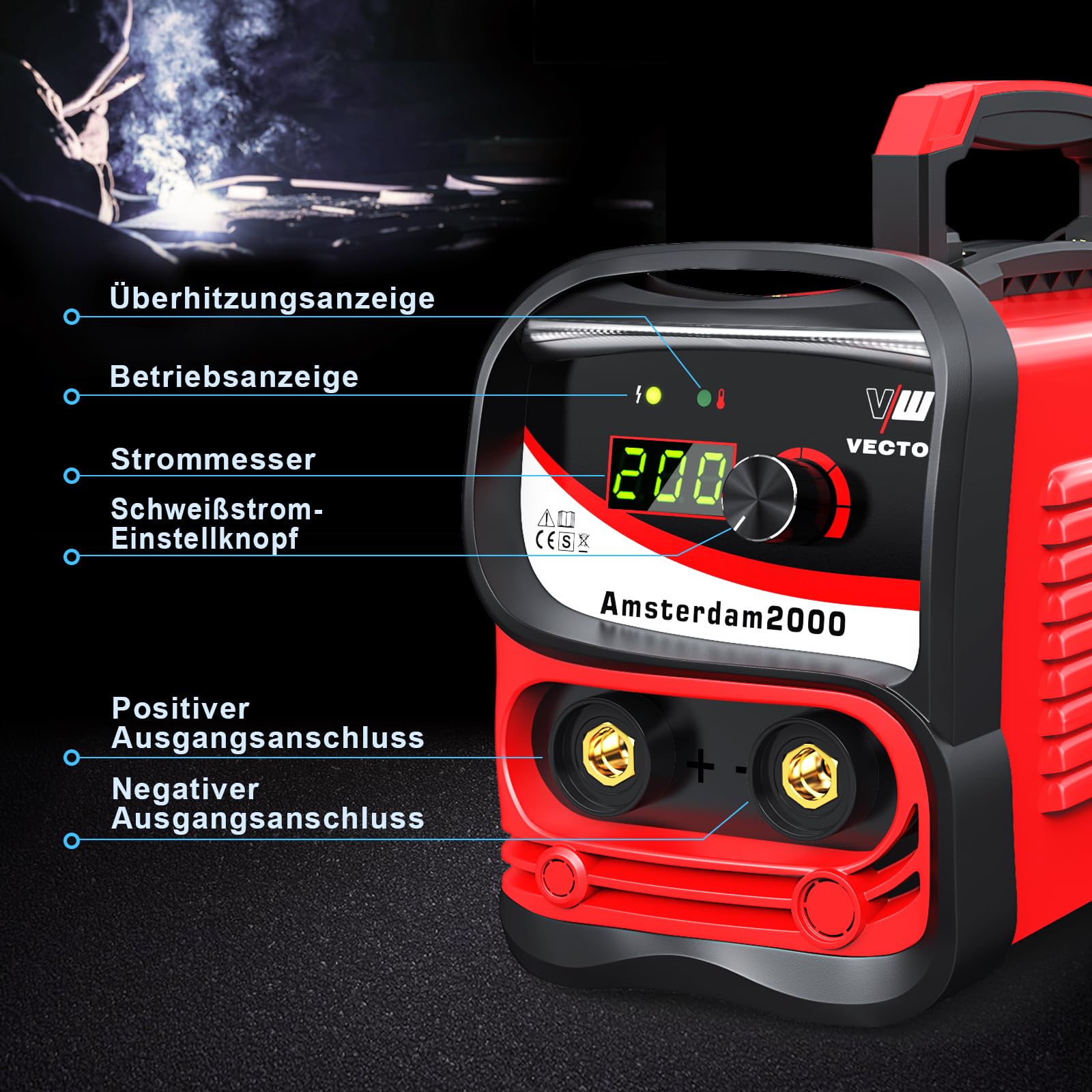 VECTOR Kit de soudage à électrodes - ARC 200 A - Avec casques, poste à souder inverter - Mini poste à souder - MMA - Inverter E-Hand avec 200 A - Technologie IGBT