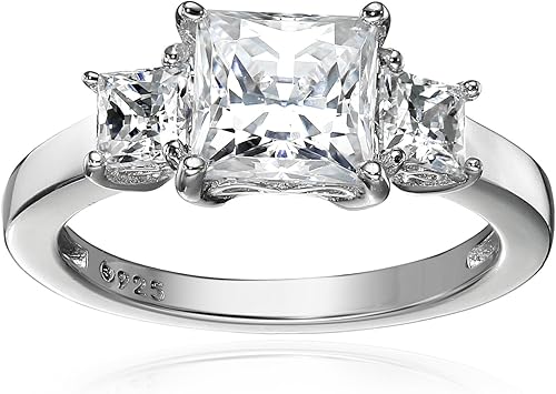 Tienda Essentials Anillo de plata de ley chapada en platino o oro con 3 piedras de corte princesa hecho con circonitas Infinite Elements