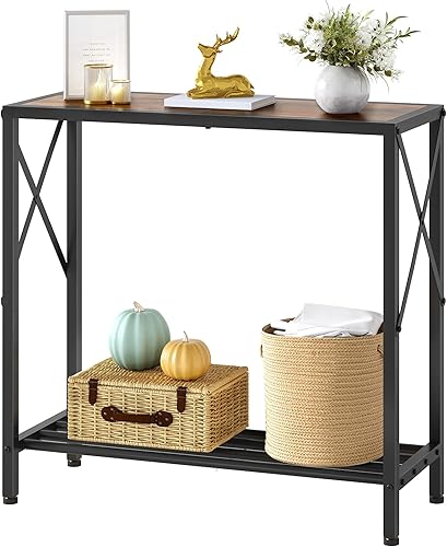 Tajsoon Mesa consola de 28.3 pulgadas de largo, mesa de entrada estrecha de 2 niveles con estantes abiertos, mesa de sofá pequeña para sala de