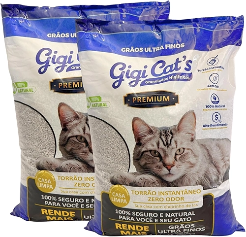 Gigi Cat Areia Premium para Gatos, Biodegradável, Zero Odor, Granulado Ultra Fino, Kit 2 Pacotes de 4kg, Natural