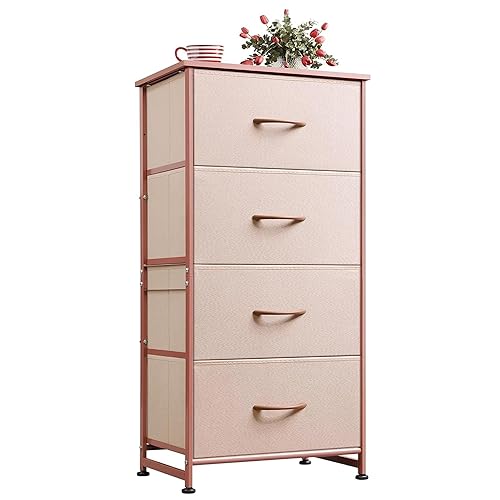 4 Drawers Dresser for Bedroom, Pink Rose Gold Fabric Clothes