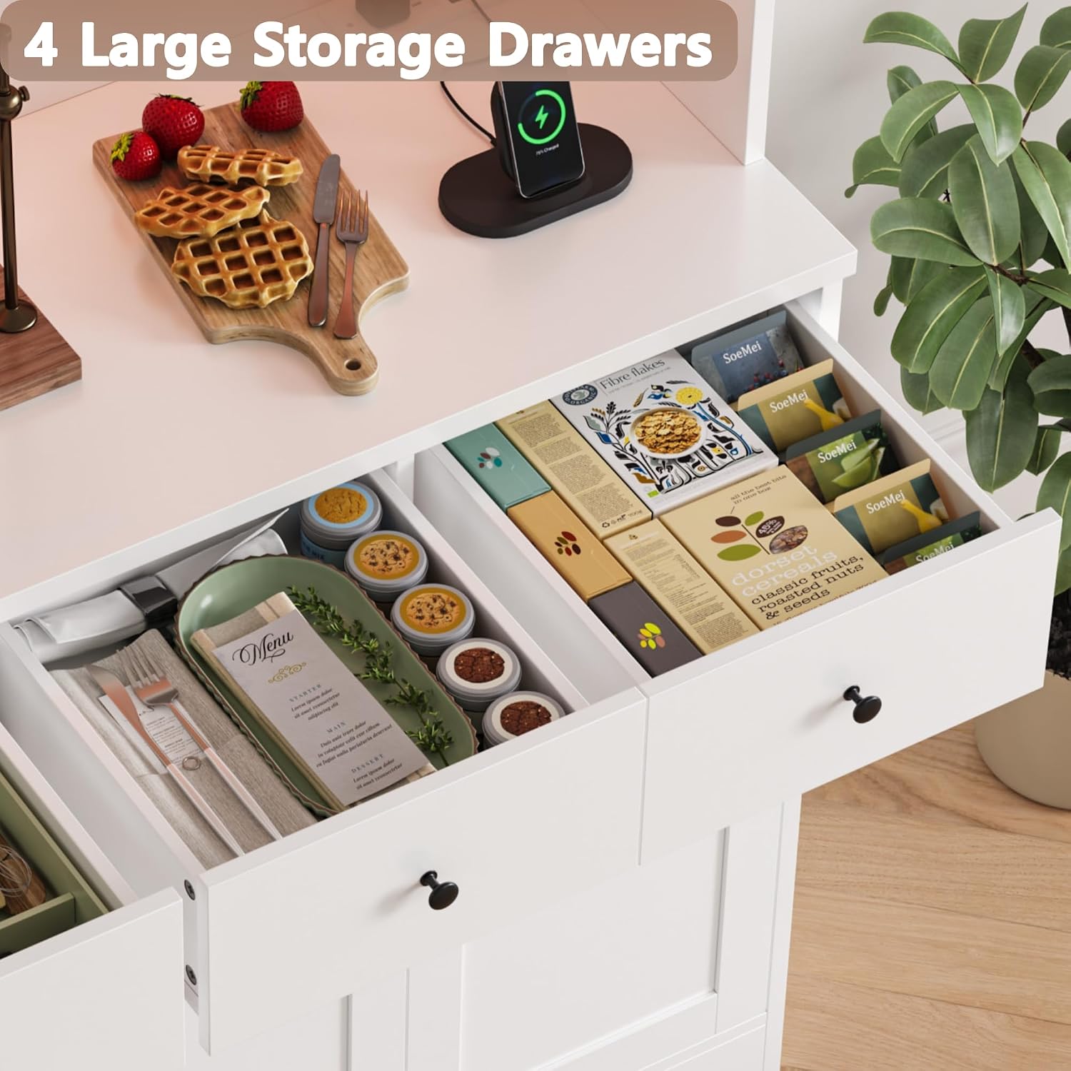 Close-up of the four deep drawers in the HIFIT pantry cabinet, showing organized cutlery and spices