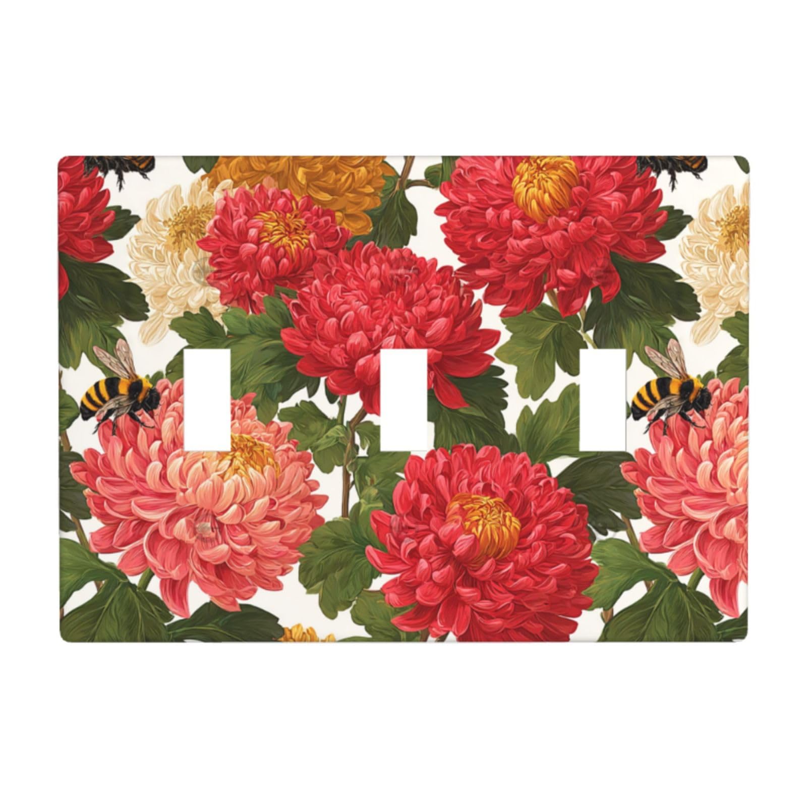 Woshuwo White Chrysanthemums And Bees Light Switch Covers 3 Gang Triple Toggle Wall Plate Switchplate Electrical Faceplate For Bathroom Kitchen Bedroom Decor