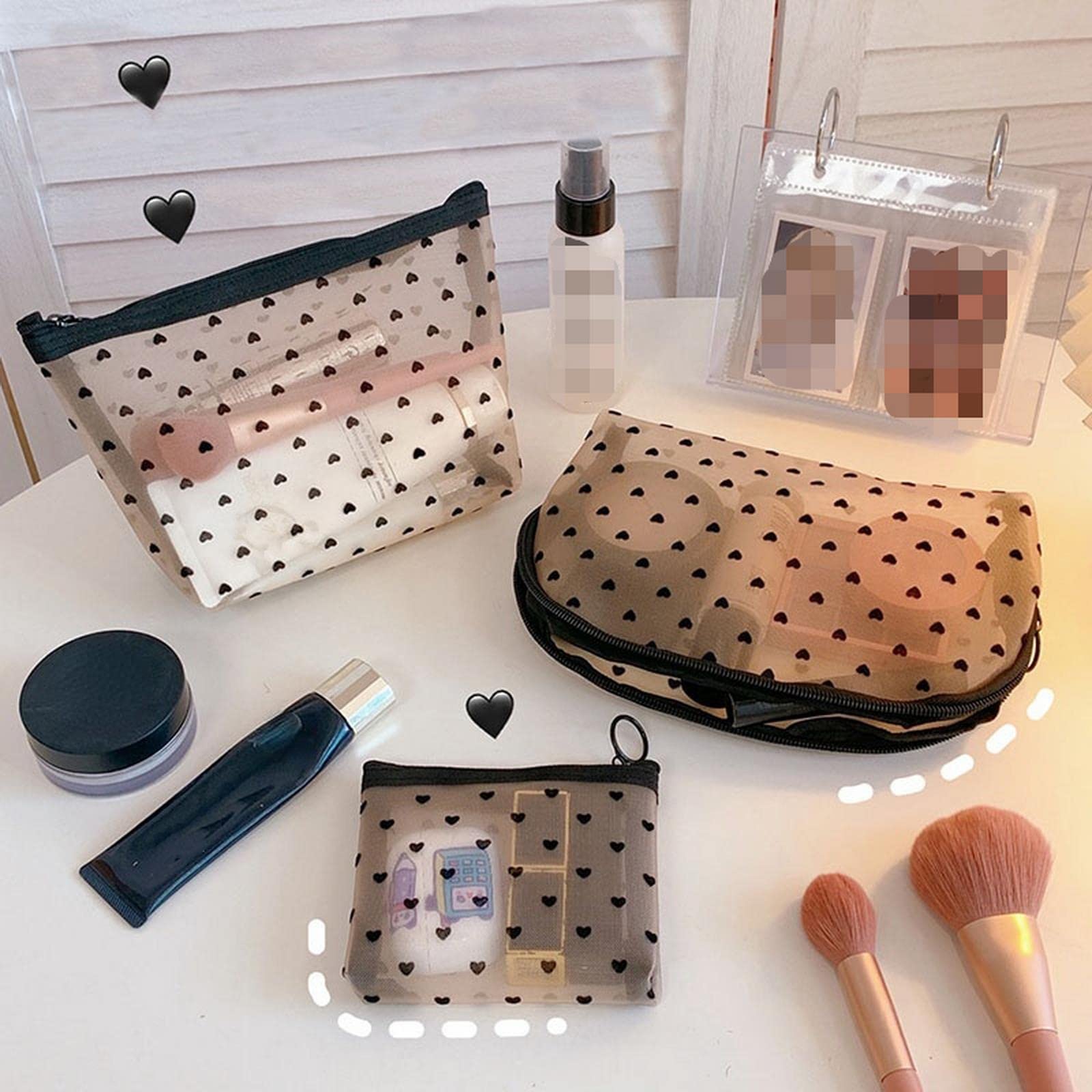 MOGSA Kosmetiktasche für Damen, Reisen, Kosmetiktasche, Schwarz mit Punkten, transparentes Netz-Kosmetiktasche, A, S