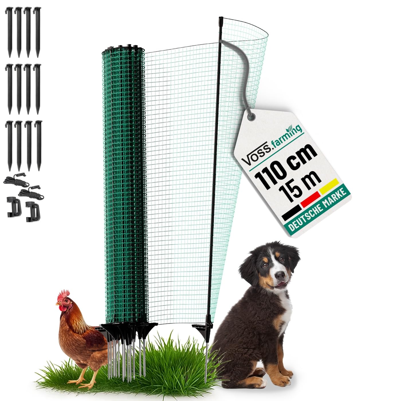 VOSS.farming Begrenzungszaun Classic ohne Strom, 15m, 110cm, 9 Pfähle, 1 Spitze, grün, Kleintiernetz, mobiler Zaun, Gartenzaun, für Garten, Haus, Hof