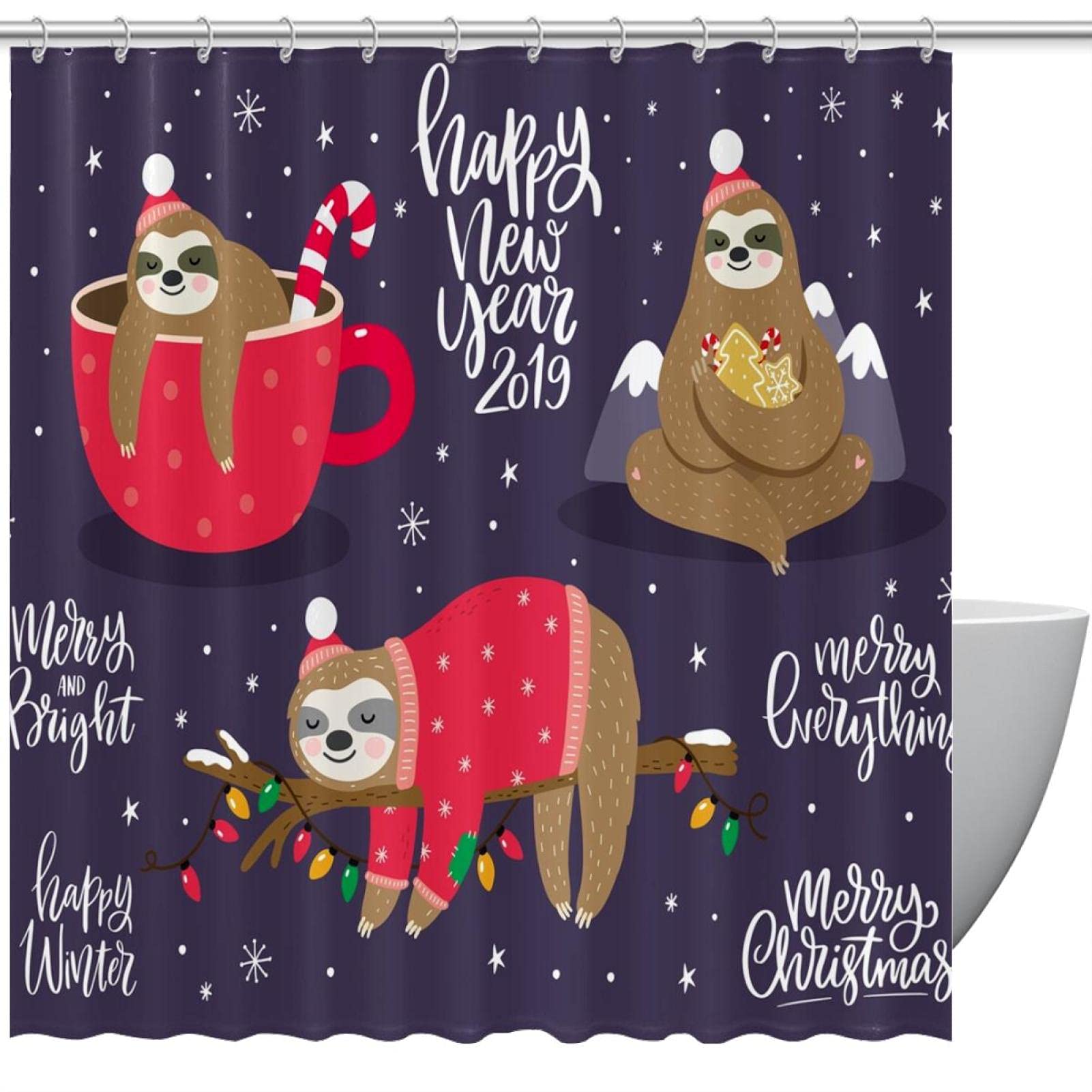 Rideau de douche de Noël lavable 152 x 182 cm avec 12 crochets pour baignoire familiale