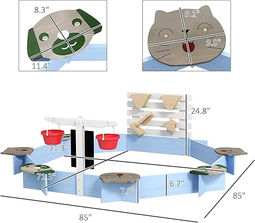 Miniatura 7 de Outsunny Caja de arena de madera, juego al aire libre con 6 asientos, juguetes de agua y arena, cubos, pizarras, pozo de arena para niños de 3 a 7
