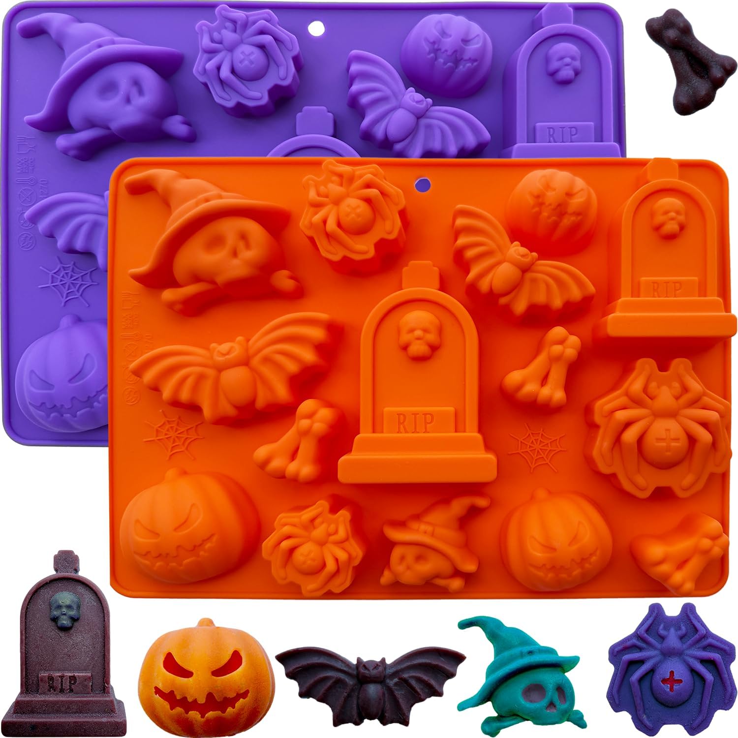 Halloween Candy Chocolate Molds, 2Pcs Halloween Silicone Mold Pumpkin Tombstone Skull Witch Hat Bat Spider Baking Mold Jello Ice Cube Gummy Cake Pop Wax Mold for Halloween Cake Cupcake Toppers