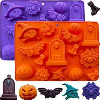 Halloween Candy Chocolate Molds, 2Pcs Halloween Silicone Mold Pumpkin Tombstone Skull Witch Hat Bat Spider Baking Mold Jello Ice Cube Gummy Cake Pop Wax Mold for Halloween Cake Cupcake Toppers