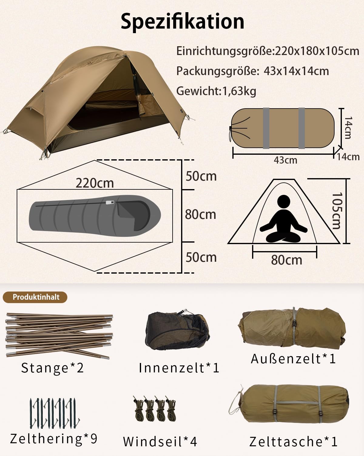 TOMOUNT Zelt Ultraleichte 1-2 Person Nylon Campingzelt Kleine Packungsgröße, 4 Saison Wasserdicht & Winddicht Kompakt Kuppelzelt für Hiking, Wandern, Camping, Outdoor