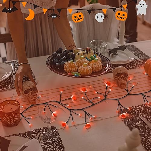 Miniatura 6 de N&T NIETING Guirnalda de Halloween de 6 pies, guirnalda decorativa de ramita de vid de sauce con luces de calabazas y 54 luces naranjas, decoración