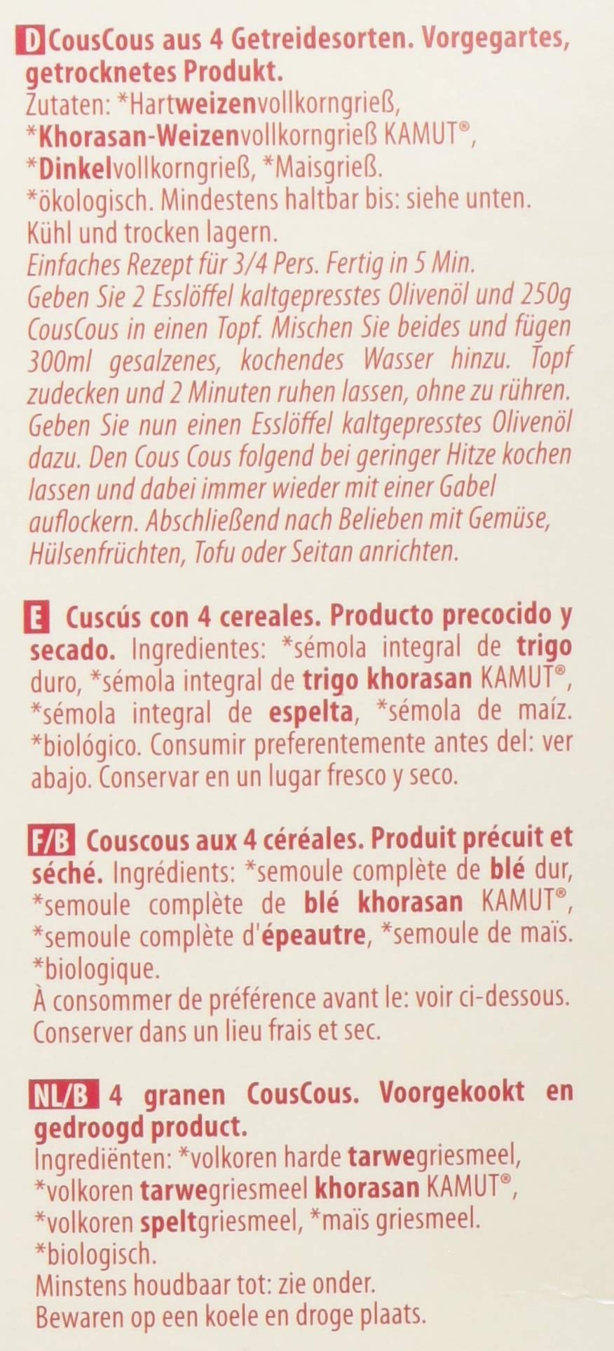 Probios Cuscús con 4 Cereales - Paquete de 12 x 500 gr - Total: 6000 gr