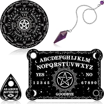 Threan Pendulum Board with Amethyst Set Wooden Star Pendulum Board Message Crystal Necklace with Planchette for Halloween Supply