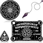 Threan Pendulum Dowsing Divination Board with Amethyst Set Wooden Spirit Talking Board Metaphysical Message Crystal Pendulum Necklace with Planchette for Wiccan Supply(Star Style)
