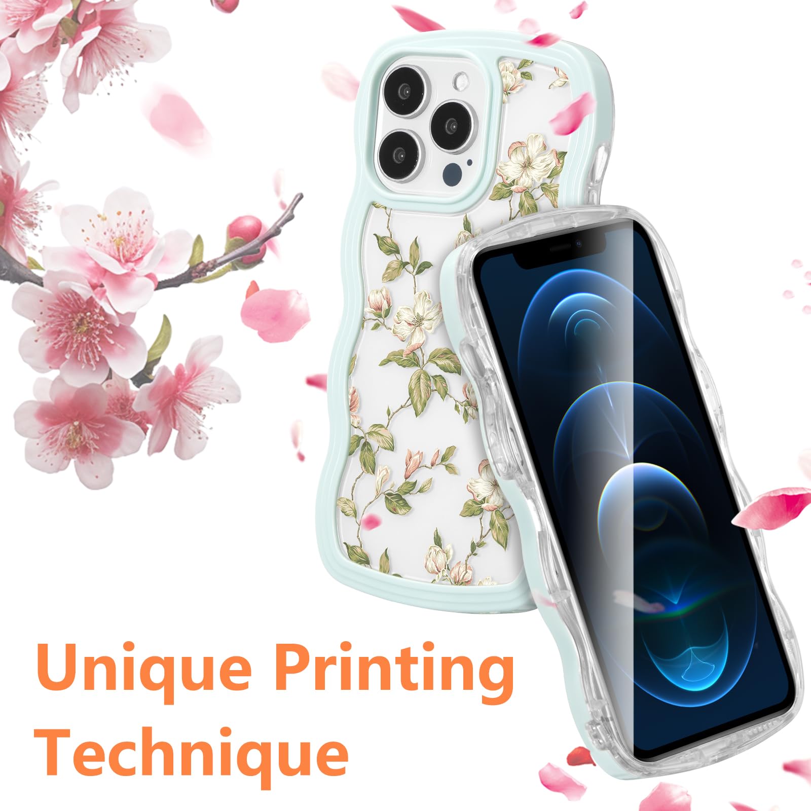 ZTOFERA Floral Case for iPhone 15 Pro Max 6.7 inch,Cute Curly Wave Frame Shape Case with Green Leaf Flower Pattern for Women Girls Clear Soft Slim Shockproof Phone Case for iPhone 15 Pro Max - Image 2